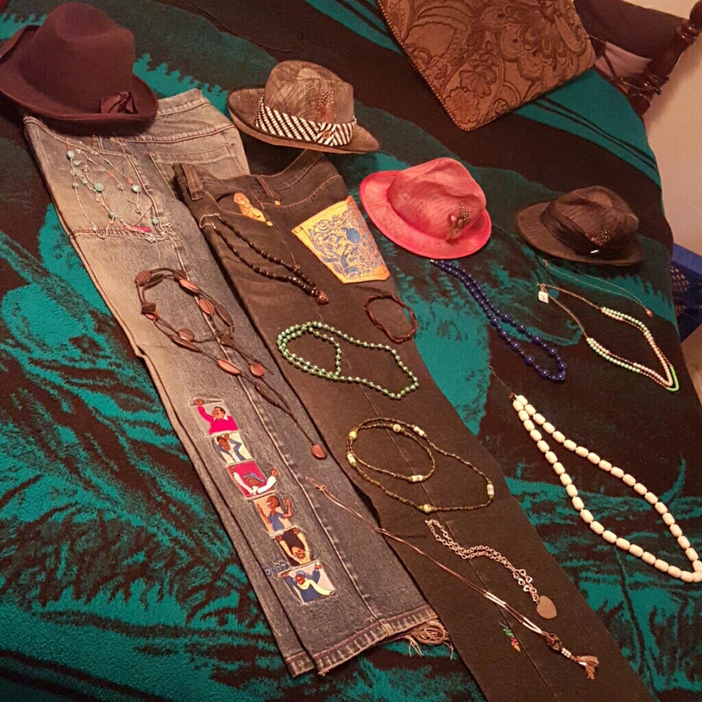 Hats $50.00 each, Necklaces $10.00 each,